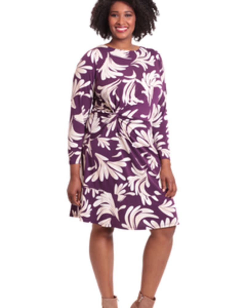 Front of a model wearing a size 14W Katya Flounce Dress in BEIGE/PURPLE by London Times. | dia_product_style_image_id:268577